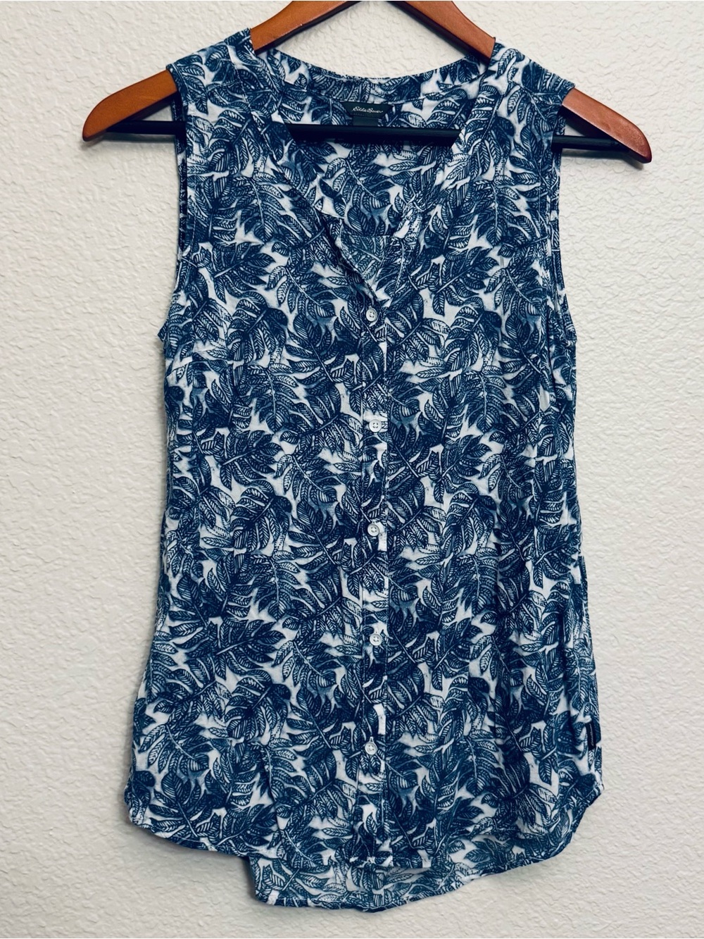 Eddie Bauer Blue Botanical Tropical Palm Leaves Print Sleeveless Tank Top XS